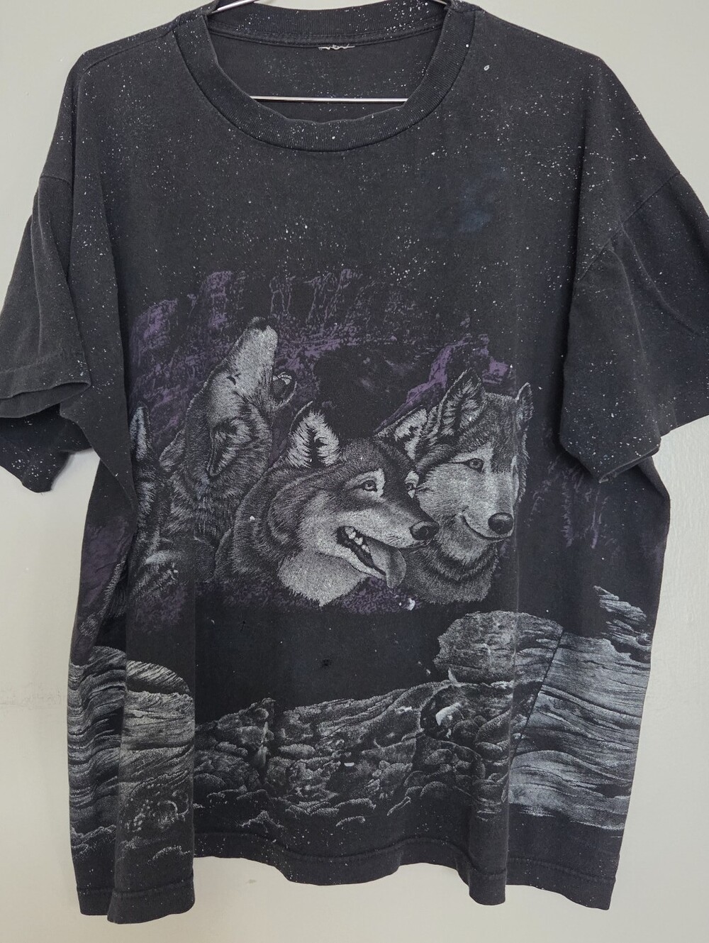 Vintage 90s Wolf Pack All Over Print T Shirt SS Nature Moon AOP Fade Black XXL